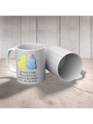 Mr. & Mrs. Panda Keramiktasse Wellensittich Liebe mit Spruch in Grau Pastell