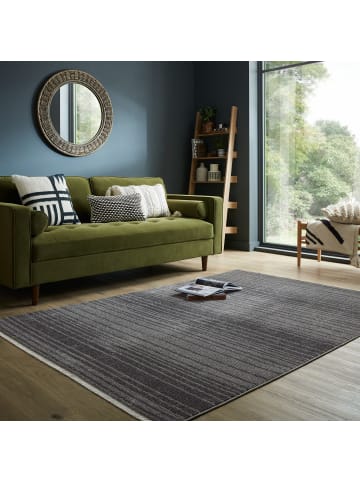 KADIMA DESIGN Teppich Modern Gestreift, Kurzflor mit Boho-Quasten in Anthrazit