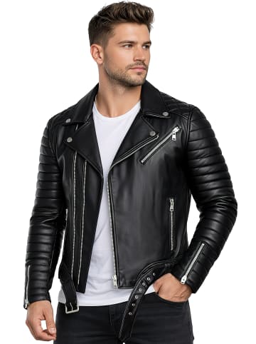 Reichstadt Herren Slim Fit Bikerjacke Silver Zipper in Black
