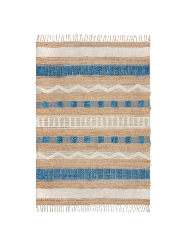 KADIMA DESIGN Teppich Hoch-Tief Struktur Gestreift, Ethno, Fransen in Natur-Blau