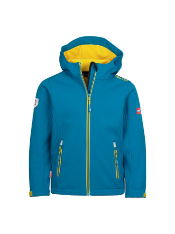 Trollkids Softshelljacke "Trollfjord" in Atlantisblau/Gingergelb