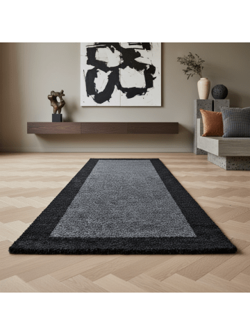 KADIMA DESIGN Teppich Hochflor Shaggy Waschbar Bordüre RHEIN Strapazierfähig in Anthrazit