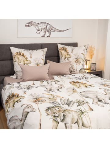 Traumschloss Renforcé Bettwäsche - Dinosaurier und Pflanzen in weiß