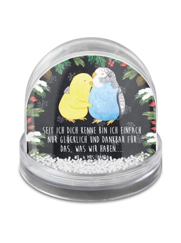 Mr. & Mrs. Panda Schneekugel Wellensittich Liebe mit Spruch in Kreidetafel