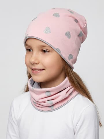 TupTam Unisex Kinder Beanie Mütze Schlauchschal Set in rosa/grau