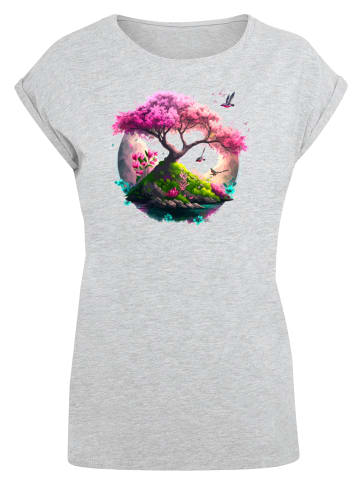 F4NT4STIC Extended Shoulder T-Shirt Kirschblüten Baum in grau meliert