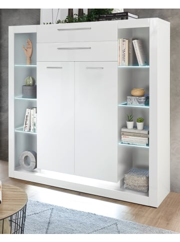 Furn.Design Highboard weiß Hochglanz 141 cm, Vitrine mit 11 Fächern
