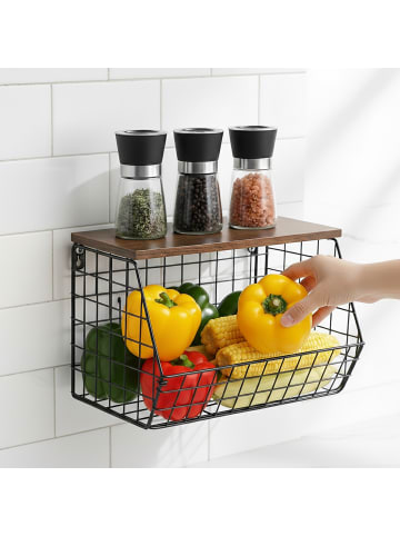 relaxdays Obstkorb Wandregal in Schwarz/ Dunkelbraun – (B)30 x (H)21 x (T)20 cm