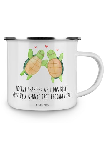 Mr. & Mrs. Panda Emaille Tasse Hochzeitsreise Abenteuer mit Spruch in Weiß