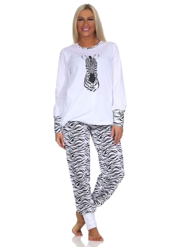 NORMANN Pyjama Schlafanzug Bündchen und Hose Animalprint - 84626 in weiß