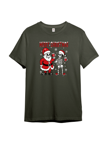PAULGOS Herren T-Shirt, Totenkopf Weihnachten in Olive