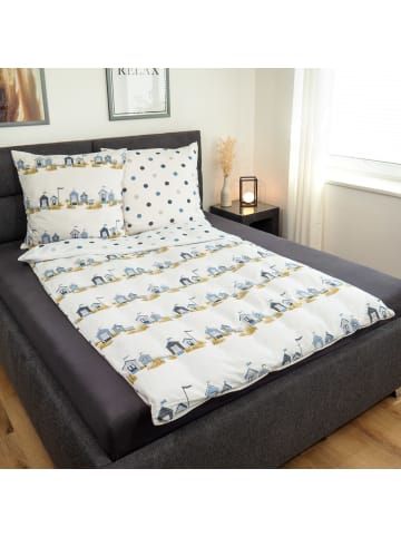 Janine Soft-Seersucker Sommer Bettwäsche - maritime Optik, Strandhäuser, Dünen in blau