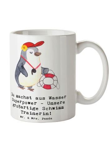 Mr. & Mrs. Panda Tasse Superpower Schwimmen Trainerin mit Spruch in Weiß