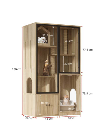 ABRIHOME Katzenkäfig mit Kratzpfosten in Naturholzfarbe - 90*50*160cm