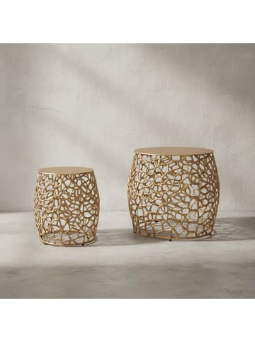 KADIMA DESIGN Beistelltisch Wohnzimmertisch | Aluminium Gold, 2er Set, Rund, Ast