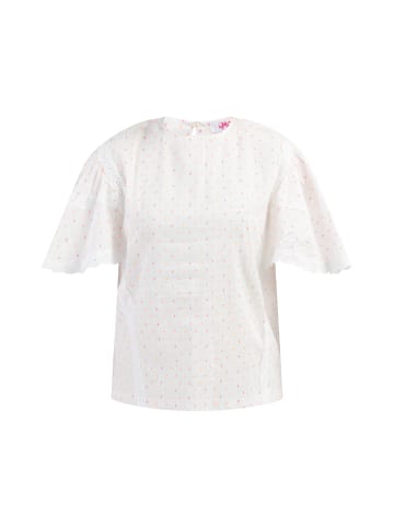 myMo Damen Bluse Mit Spitze in Weiss Pinkorange Punkte