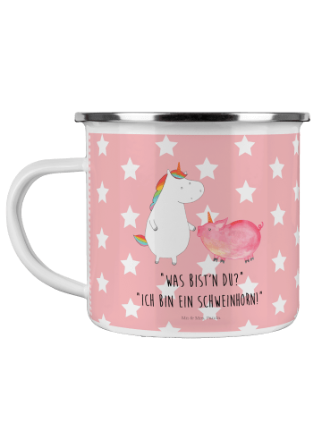 Mr. & Mrs. Panda Camping Emaille Tasse Einhorn Schwein mit Spruch in Rot Pastell