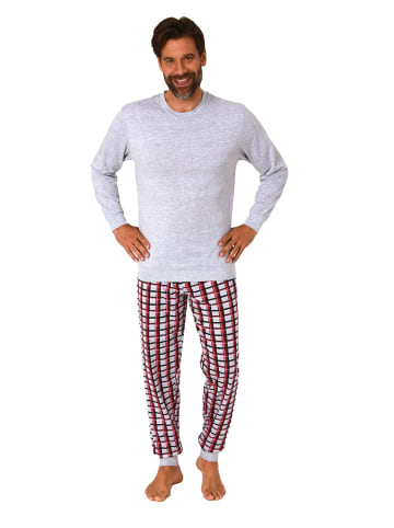 NORMANN langarm Schlafanzug Pyjama Bündchen und karierter Jersey Hose - 83213 in grau