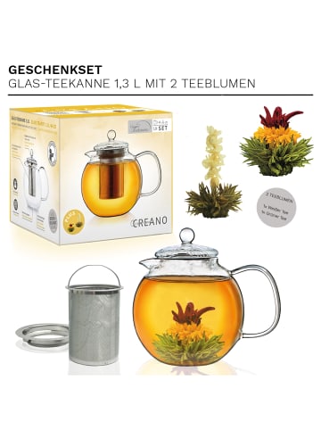 Creano Teekannen-Geschenkset 1x Teekanne 1.3l inkl. 2 Teeblumen Grüner + Weißer Tee