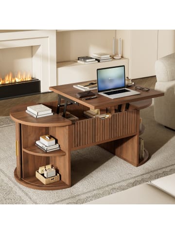 ABRIHOME Couchtisch in Walnuss höhenverstellbar mit Schiebetüren und Stauraum