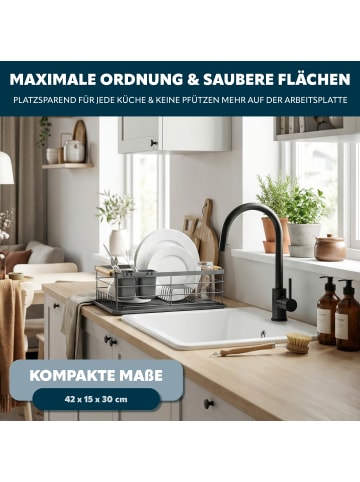 eluno Abtropfgestell mit Abtropfschale für Geschirr, inkl. Besteckhalter, Metall grau