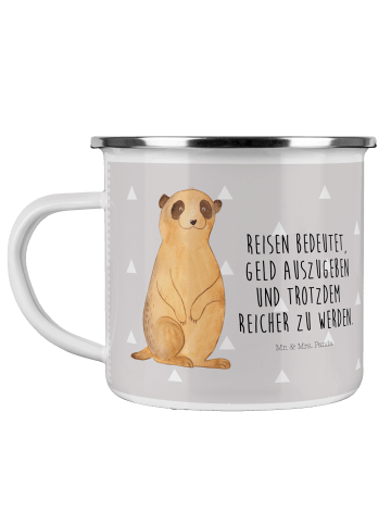 Mr. & Mrs. Panda Camping Emaille Tasse Erdmännchen mit Spruch in Grau Pastell