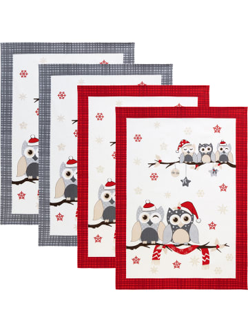 Erwin Müller Baumwolle Geschirrtuch 4er-Pack in Eulen rot+grau