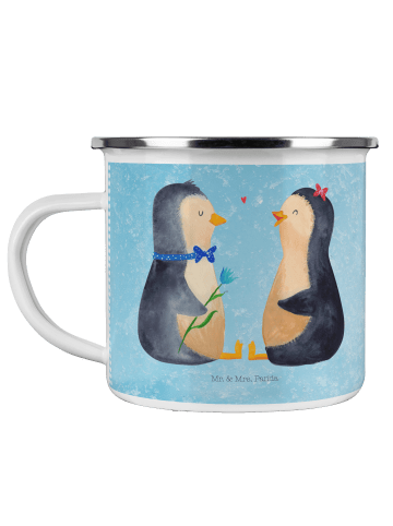 Mr. & Mrs. Panda Camping Emaille Tasse Pinguin Pärchen ohne Spruch in Eisblau