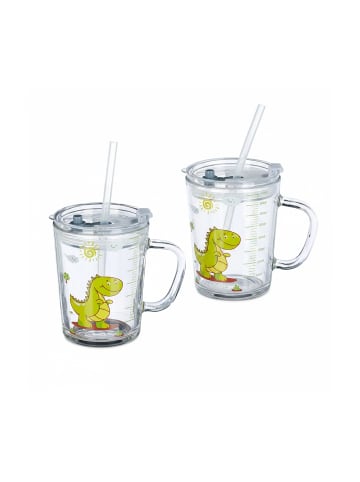 relaxdays 2x Kindertrinkglas "Dino" in Transparent - 400 ml