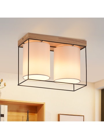 ZMH Deckenleuchte in schwarz 2-flammige E14 Holz Vintage mit Stoff-Lampenschirm