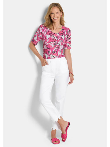 GOLDNER Kurzgröße:  Denimhose mit floraler Spitze in weiß