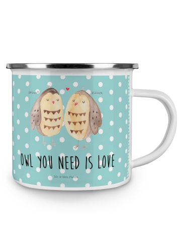 Mr. & Mrs. Panda Blechtasse Eulen Liebe mit Spruch in Türkis Pastell