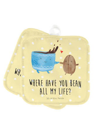 Mr. & Mrs. Panda Topfuntersetzer Kaffee Bohne mit Spruch in Gelb Pastell