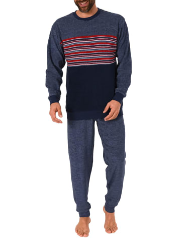 NORMANN Frottee Pyjama Schlafanzug Bündchen und Rundhals - 51527 in blau