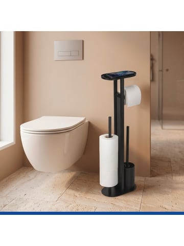 Wenko WC-Ständer 4in1 OREA mit Ablage für das Telefon in Schwarz, 23 x 70 x 13 cm