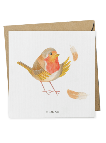 Mr. & Mrs. Panda Klappkarte Rotkehlchen Federn ohne Spruch in Weiß