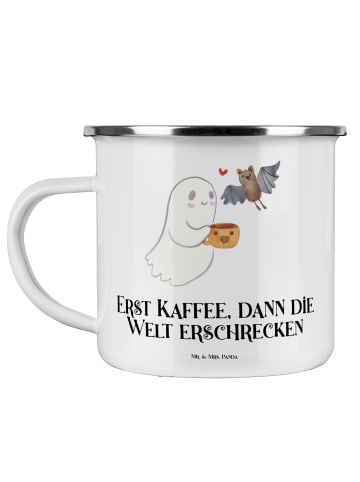 Mr. & Mrs. Panda Camping Emaille Tasse Gespenst Kaffee mit Spruch in Weiß