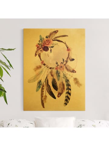 WALLART Leinwandbild Gold - Traumfänger mit Rosen und Federn in Creme-Beige