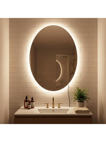 COSTWAY Badspiegel mit Beleuchtung oval 70 x 50cm in Silber