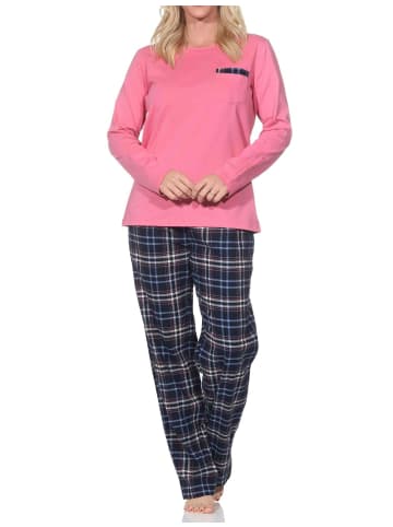 NORMANN Schlafanzug langarm karierte Flanell Pyjamahose in pink