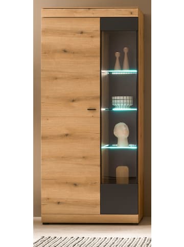 Furn.Design Vitrine in Eiche, grau matt 90 x 201 cm, Vitrinenschrank mit Soft-Close