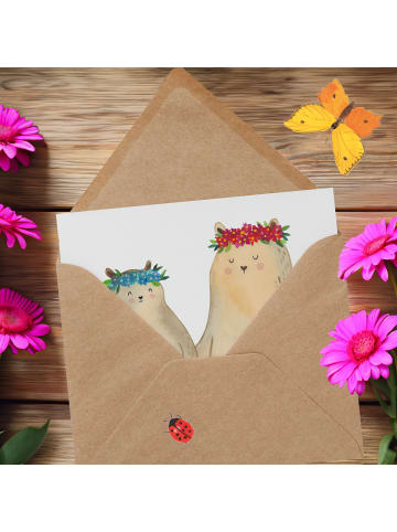 Mr. & Mrs. Panda Grußkarte Bären mit Blumenkranz ohne Spruch in Weiß