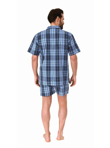 NORMANN kurzarm Schlafanzug Shorty Pyjama gewebt zum Knöpfen - 80172 in blau
