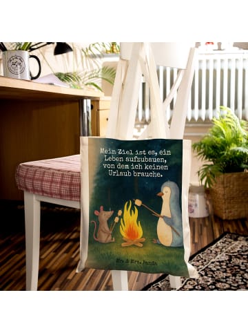 Mr. & Mrs. Panda Tragetasche Pinguin Lagerfeuer Design mit Spruch in Weiß
