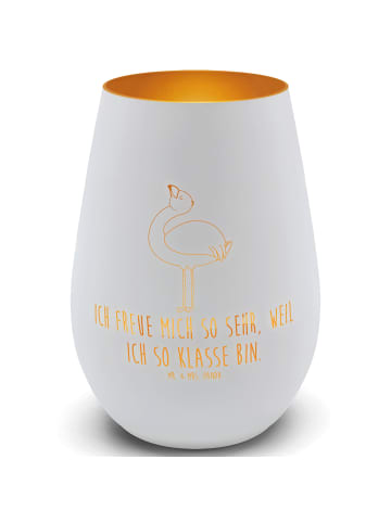 Mr. & Mrs. Panda Windlicht Glas Flamingo Stolz mit Spruch in Weiß