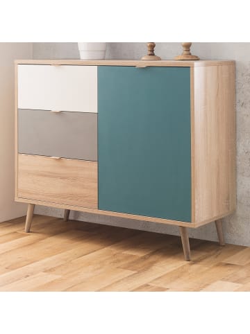 Furn.Design Kommode Eiche Sonoma, Petrol, weiß, grau, Anrichte Tricolor skandinavisch