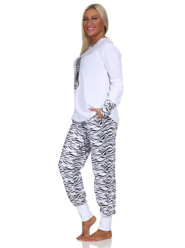 NORMANN Pyjama Schlafanzug Bündchen und Hose Animalprint - 84626 in weiß