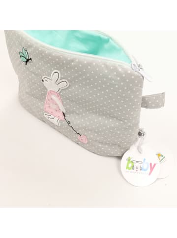 BABY LAL® Windeltasche "HASENMÄDCHEN & HERZ" in Grau/Rosa - (L) 18 x (B) 26cm (T) 9cm