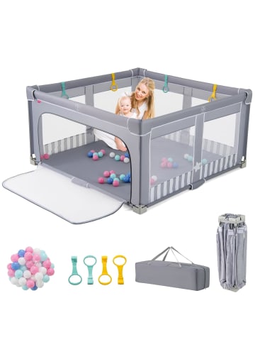 COSTWAY Laufgitter 150cm faltbar mit atmungsaktivem Netz & 50 Bälle in Grau