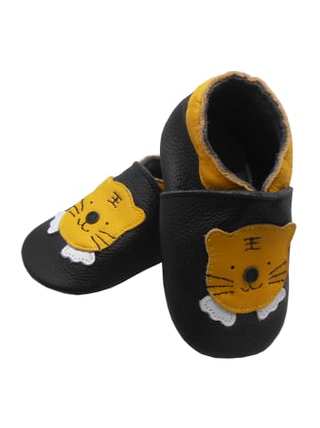 Bemesu Schwarze Baby-Leder-Laufschuhe, komfortabel mit rutschfester Sohle - Tigermotiv